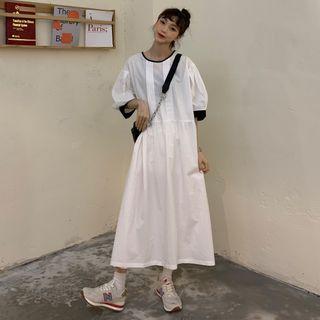 Puff-sleeve Maxi A-line Pintuck Dress