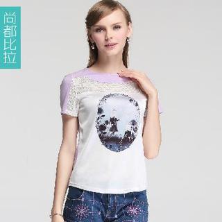 Print Lace Panel Short Sleeves Top
