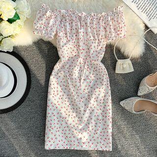 Off-shoulder Short-sleeve Floral Print Bodycon Smocked Dress