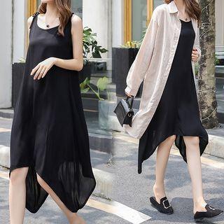 Set: Asymmetric Tank Dress + Pinstriped Long Shirt