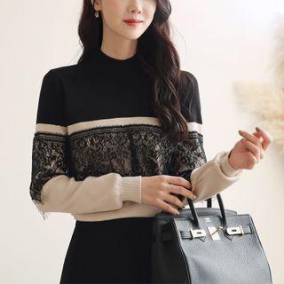 Color Block Lace Panel Knit Top