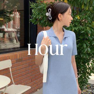 Open-placket Ribbed Knit Dress