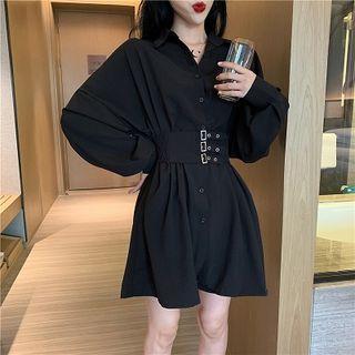 Plain V-neck Lace-up Long-sleeve Blouse