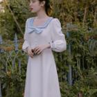 Long-sleeve Tie-waist Sailor Collar Midi A-line Dress