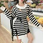Striped Ripped Long-sleeve Knit Top Stripes - Black & White - One Size