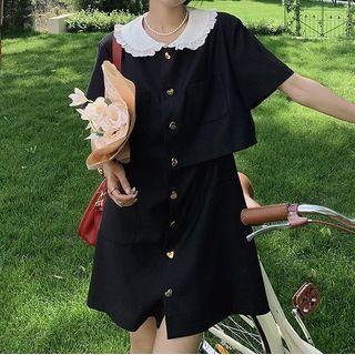 Short-sleeve Peter Pan Collar Mock Two-piece Dress