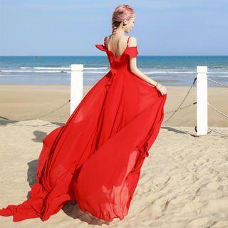 Cold-shoulder Ruffle Maxi A-line Dress