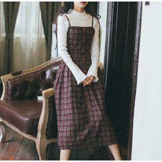 Set: Mock Neck Knit Top + Spaghetti Strap Midi Plaid Dress