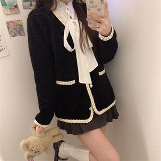 Faux Pearl Button Contrast Trim Cardigan