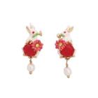 Fashion Cute Plated Gold Enamel Bunny Red Cubic Zircon Stud Earrings With Imitation Pearls Golden - One Size