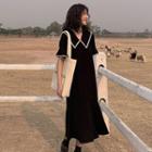 Short-sleeve Contrast Trim Wide Collar Midi Dress