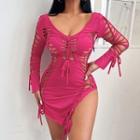 Long-sleeve Lace-up Asymmetrical Bodycon Dress