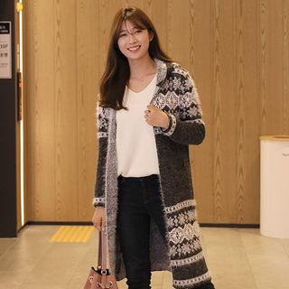 Hooded Snowflake-pattern Long Cardigan Charcoal Gray - One Size
