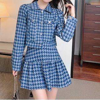 Set: Houndstooth Cropped Denim Jacket + Mini A-line Skirt