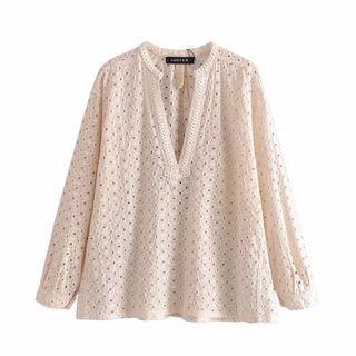 Deep V Long-sleeve Perforated Embroidered Blouse