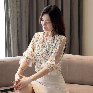 Elbow-sleeve Paneled Floral Print Blouse