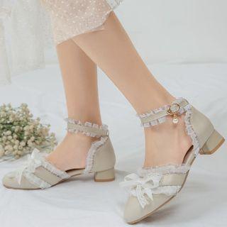 Ruffle Trim Bow Ankle Strap Block Heel Dorsay Pumps