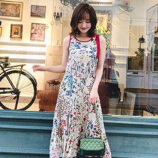 Sleeveless Floral Print Midi A-line Pleated Dress