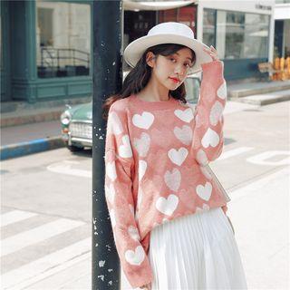 Heart Knit Color Block Round-neck Sweater