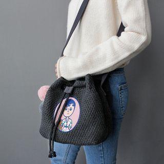 Oohlala - Pompom-accent Applique Knit Bucket Cross Bag