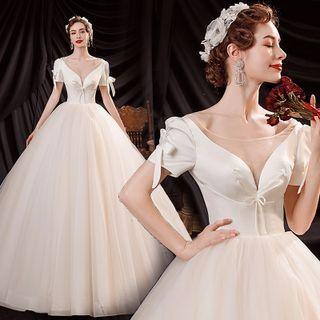 Short-sleeve Mesh Ball Evening Gown