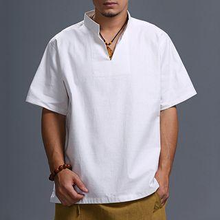 Plain Elbow Sleeve Henley T-shirt