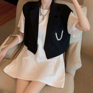 Short-sleeve Plain T-shirt / Faux Pearl Cargo Vest