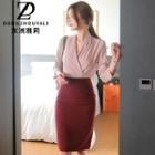 Mock Two-piece V-neck Long-sleeve Sheath Dress
