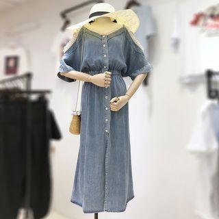 Cutout Shoulder Denim Elbow-sleeve Midi Dress