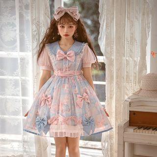 Puff-sleeve Collar Ribbon Print Mini A-line Dress