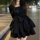 Knit Layered Mini A-line Dress Black - One Size