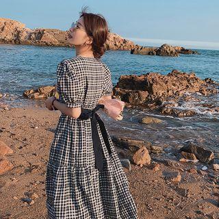 Short-sleeve Plaid Tiered A-line Midi Dress