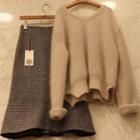Set: V-neck Loose Sweater + Plaid A-line Skirt