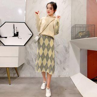 Set: Argyle Print Knit Hoodie + Midi A-line Knit Skirt