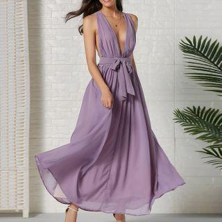 Halter-neck Plain Maxi A-line Dress