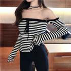 Cold Shoulder Striped Knit Top Stripes - Black & White - One Size