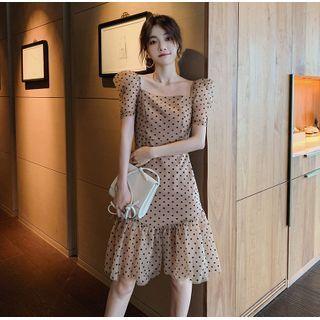 Dotted Puff-sleeve Ruffle Hem A-line Dress