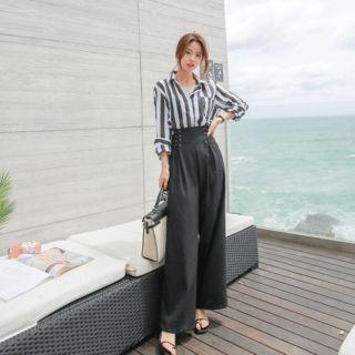 Set: Stripe Linen Shirt + Lace-up Wide-leg Pants