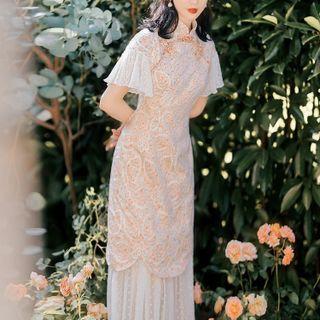 Short-sleeve Lace Dotted Panel Qipao