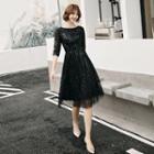 Elbow-sleeve Sequined Midi A-line Dress