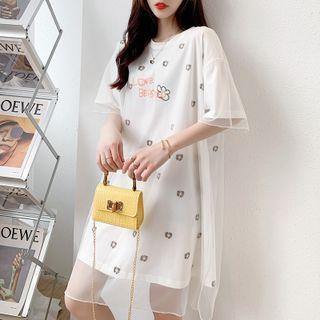 Elbow-sleeve Floral Print Mesh Overlay T-shirt Dress