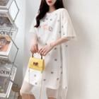 Elbow-sleeve Floral Print Mesh Overlay T-shirt Dress