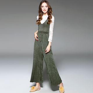 V-neck Pleated Cropped Wide-leg Jumpsuit