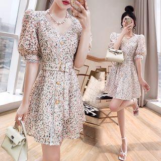 Puff-sleeve Floral Print Tie-waist Mini A-line Dress