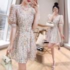 Puff-sleeve Floral Print Tie-waist Mini A-line Dress