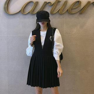 Plunge-neck Pleated Pinafore Dress Black - One Size