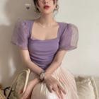 Square-neck Puff-sleeve Blouse Purple - One Size