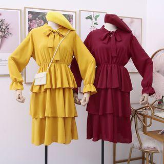 Layered Ribbon-neckline A-line Midi Dress