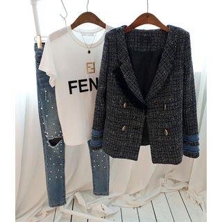 Contrast-trim Tweed Jacket Navy Blue - One Size