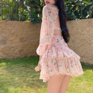 Floral Cutout Cropped Blouse / Mini A-line Skirt